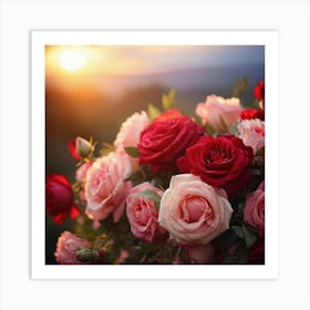 Bouquet Of Mixed Red And Pink Roses Peonies Delicately Woven Into Vines Soft Focus With Scattered Art Print