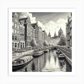 A Serene Amsterdam Canal Scene Captured In A Realistic Pen And Ink Drawing, Style Realism 1 Art Print