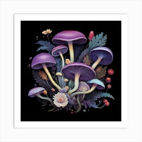 Amethyst deceivers after dark - mushroom art print - mushroom botanical print Art Print
