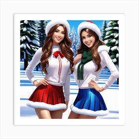 Two Girls In Santa Hats Art Print