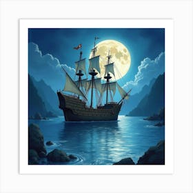 Enchanted Pirate Ship In A Watercolor Moonlit Bay 1 Art Print