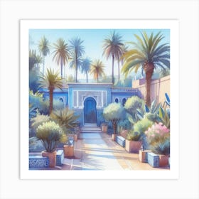 Moroccan Garden watercolor pastell Jardin Majorelle Morocco Modern Blue Illustration 5 Art Print Art Print