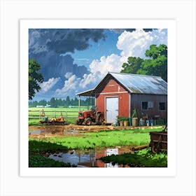 Barn In The Rain Art Print