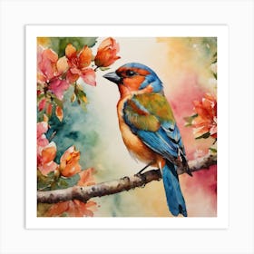 Bird On A Branch Spring Flowers Watercolor Art Print