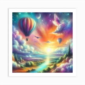 Dreamy Pastel Painting Of Hot Air Balloons Drifting Over A Fantasy Landscape, Style Soft Pastel Painting 2 Art Print