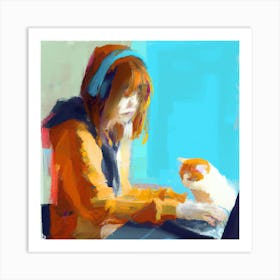 Portrait Of A Girl With A Cat Art Print