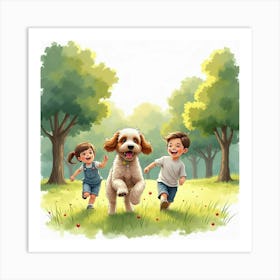 A Lively Cockapoo Running Around With A Family In A Park, Watercolor 1 Art Print