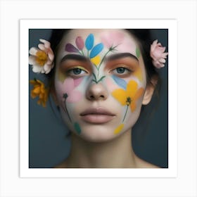 Beautiful Woman With Flowers On Her Face 2 Art Print