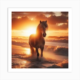 Horse On The Beach At Sunset 6 Art Print