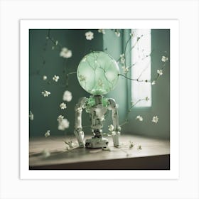 Porcelain And Hammered Matt Green Android Marionette Showing Cracked Inner Working, Tiny White Flowe Art Print