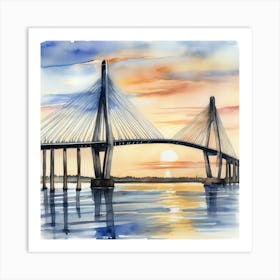 Accurate drawing and description. Sunset over the Arthur Ravenel Jr. Bridge in Charleston. Blue water and sunset reflections on the water. Watercolor.6 Art Print