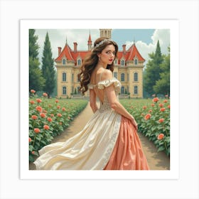 Regal Woman In A Watercolor Castle Garden Setting 1 Art Print