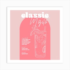 Vintage Retro Inspired Classic Mojito Recipe Pink And Dark Pink Square Art Print