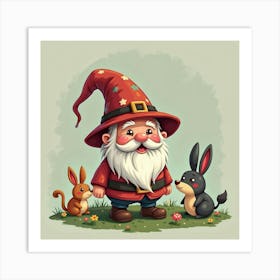 A Charming Gnome With A Whimsical Hat, Surrounded By Tiny Forest Creatures 1 Art Print