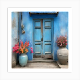 Blue wall. An old-style door in the middle, silver in color. There is a large pottery jar next to the door. There are flowers in the jar Spring oil colors. Wall painting.7 Art Print