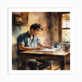 Watercolor Of A Man Writing Art Print