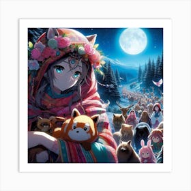 Girl Surrounded By Animals Art Print