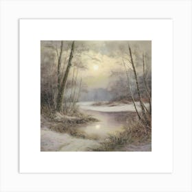 Ancient landscapes, old winter oil paintings and rocks around the lake bank. Snow is falling on the lake, old colors.1 Art Print