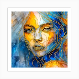 Portrait Of A Beautiful Lady In Stained Glass Effect - An Abstract Artwork In Shades Of Blue, Orange, And Golden Colors. Art Print