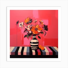 Stylised Bouquet of Flowers in a Striped Vase Art Print