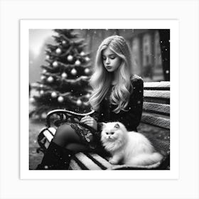 Black And White Girl With Cat Art Print