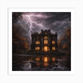 An Abandoned Large Palace In The Midst Of A Dark Forest With Eerie Rainy Weather And The Predomin (3) Art Print