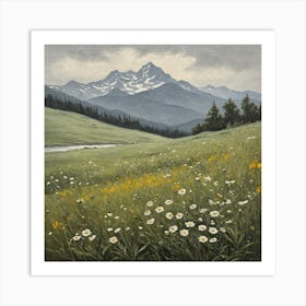 vintage oil painting of wild flowers in a meadow, mountains in the background 8 Art Print