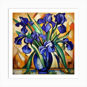 Cubism Art, Irises flowers in a vase Art Print