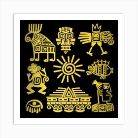 Maya Style Gold Linear Totem Icons Art Print