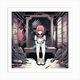 Manga Girl Sitting On A Bench Art Print