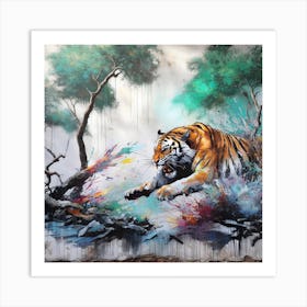 Tiger In The Forest Splash Color Art Print