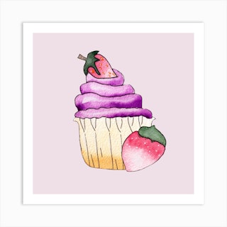 Purple Cupcake And Strawberry Square Art Print
