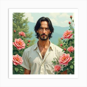 Keanu Reeves In A Tranquil Watercolor Garden With Blooming Roses Art Print