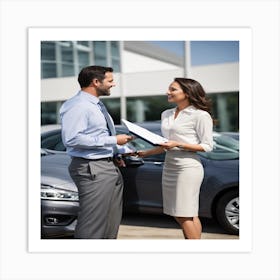 Man And Woman Talking About Cars Art Print