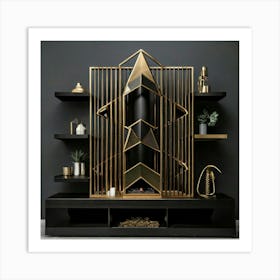 Firefly Bold, Geometric, Fireplace, Design, Polished, Black, Brass, Accents, Narrow, Shelves, Minima (9) Art Print