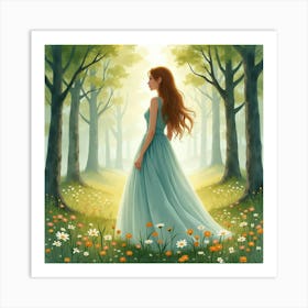 Lovely Woman In Watercolor Dress, Serene Forest Glade 1 Art Print