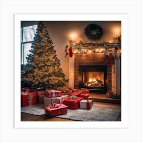 Christmas Tree In Front Of Fireplace 12 Art Print