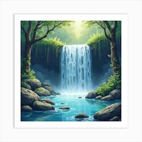 Ethereal Watercolor Waterfall In A Hidden Glade 1 Art Print