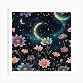 Seamless Pattern With Flowers And Moon Art Print