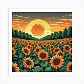 A Vibrant Field Of Sunflowers Stretching Towards The Horizon Under A Bright Sun A Poster Of Sunflowers In A Field With The Sun In The Background (3) Art Print