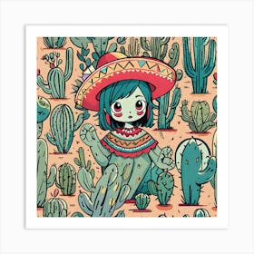 Mexican Girl With Cactus 2 Art Print