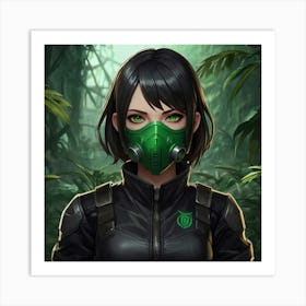 masterpiece, best quality, (Anime:1.4), black-haired girl, green eyes, small respirator mask, toxic environment, black leather outfit, epic portraiture, 2D game art, League of Legends style character Art Print