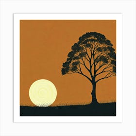 a tree with a yellow sun in the background and a brown sky above it 1 Art Print