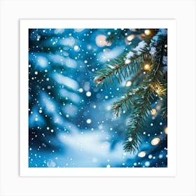 A Christmas Tree Branch Gleaming With Delicate Snowflakes In The Foreground A Merry Banner With Glo (1) Art Print