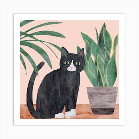 Black Cat And Green Plants Square Art Print