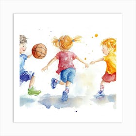 Children Playing Basketball Watercolor Art Print