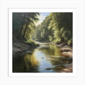 A realistic oil painting of a river, capturing the play of light and shadow on the water's surface and the intricate textures of the surrounding landscape. 2 Art Print