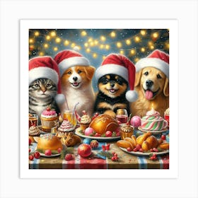 Christmas Dinner With Dogs Art Print