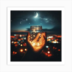 Hand Holding A Glass Jar With Lights Art Print