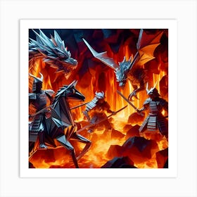 Depict Imaginative Scene Of Origami Samurai Warriors And Dragons Sculpted From Silvery Metal Sheets In Fiery Volcanic Settings Highlighted By Dynamic Folds And Lighting 1 Art Print